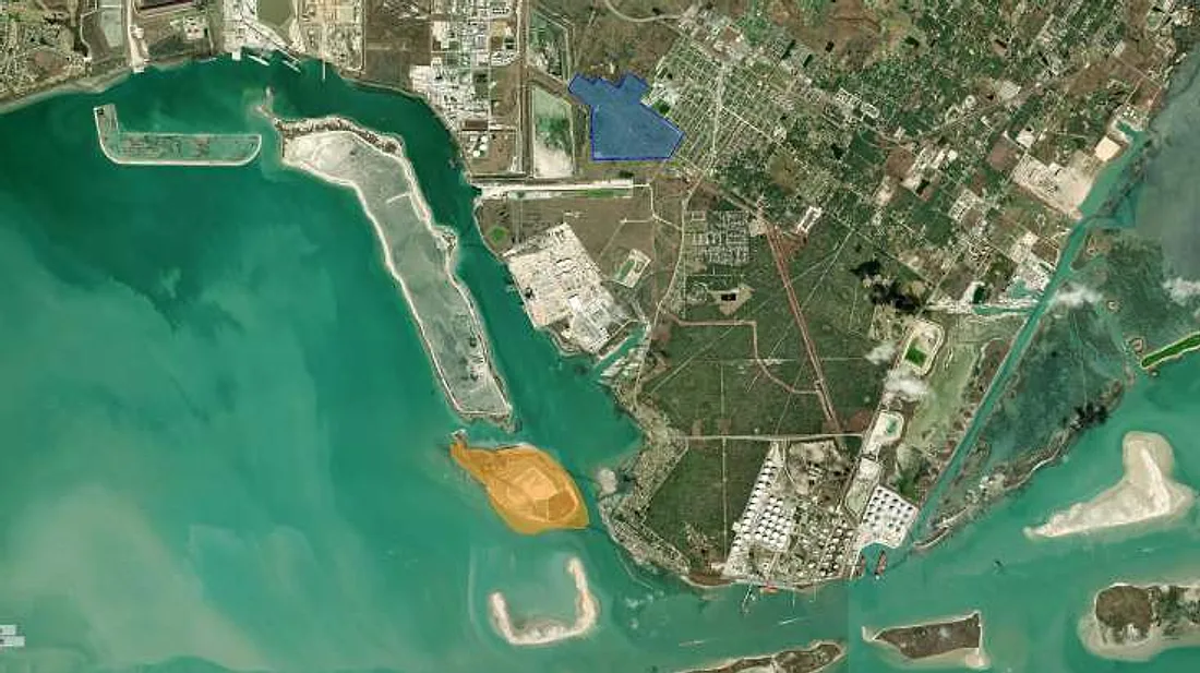 Aerial of the La Quinta Ship Channel with Berry Island and the Exxon Tract outlined